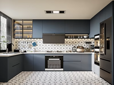 Modern Dark Blue Kitchen Interior With Black And White Patterned Tiles And Built In Appliances 3d model