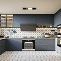 Modern Dark Blue Kitchen Interior With Black And White Patterned Tiles And Built In Appliances