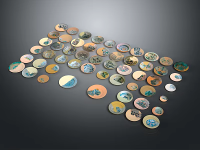 Decorative Round Ceramic Vessels With Various Colors And Different Patterns On Dark Background 3d model