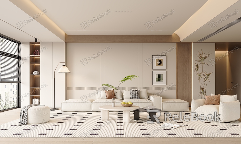 Modern Cream Style Living Room Sofa Combination Single Chair Casual Chair Vase Ornaments Carpet TV Wall model