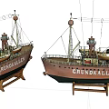 Two Detailed Wooden Ship Models With Masts Equipment And Wooden Stands