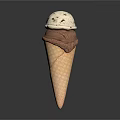 Delicious Ice Cream Cone With Vanilla Chocolate Chip And Chocolate Scoops In Waffle Cone