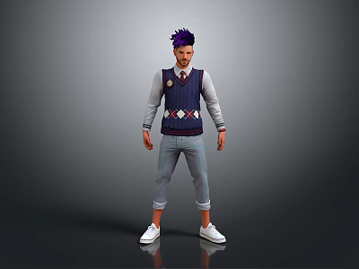 Man With Purple Hair In Purple Argyle Vest Gray Shirt Light Jeans And White Shoes 3d model