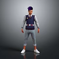 Man With Purple Hair In Purple Argyle Vest Gray Shirt Light Jeans And White Shoes