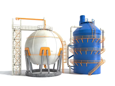 Industrial Equipment Featuring White Spherical Tank Blue Cylindrical Tank With Orange Ladders And Platforms 3d model