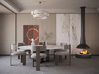 Modern Restaurant Interior With Round Dining Table Chairs Cloud Shaped Pendant Light And Black Fireplace 3d model