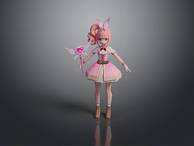 Woman in Pink Dress with Pink Hair and Butterfly Wings Holding Magic Wand 3d model