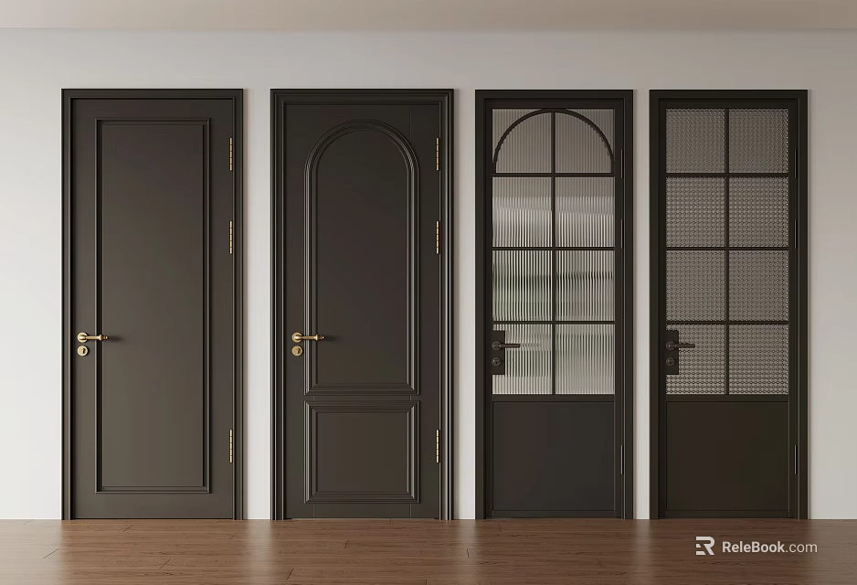 Black Interior Doors With Various Designs Including Glass Panels And Arch Shapes 3d model 