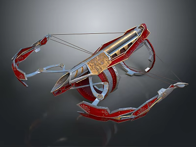 Red And Gold Ornate Crossbow Weapon With Metallic Decorative Mechanical Design 3d model