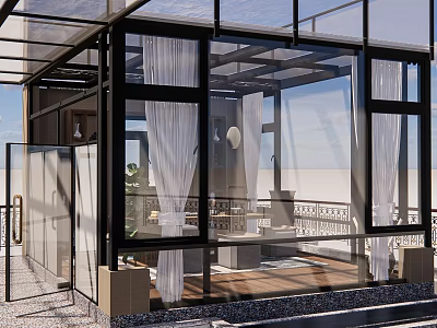 Modern Villa Balcony Sunroom With Glass Roof White Curtains And Wooden Floor 3d model