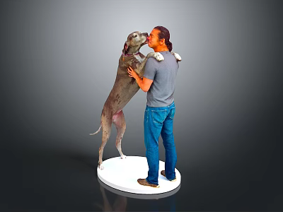 Man With Large Dog Standing And Hugging Its Front Legs On White Platform Gray Background 3d model