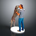 Man With Large Dog Standing And Hugging Its Front Legs On White Platform Gray Background