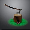 Wooden Axe Embedded In Tree Stump With Green Grass And Pink Mushrooms