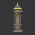 Decorative Tower Structure With Golden Spire Gray Layered Body And Circular Decorations