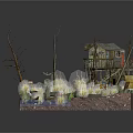 Wooden House In Natural Setting With Dead Trees Water Small Boat Trailer And Weeds