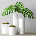Elegant Garden Decor With Cylindrical Marble Vases Monstera Leaves And Moss