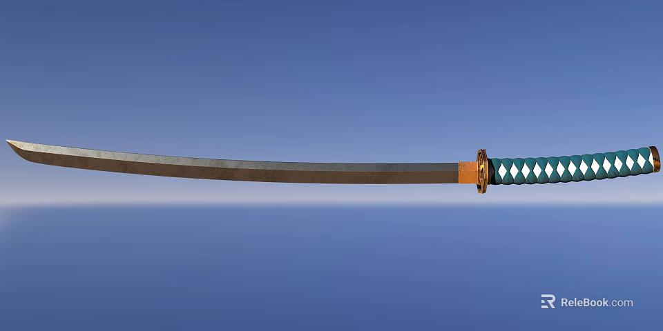 Traditional Japanese Katana Sword with Metal Blade and Green White Handle Against Clear Blue Sky 3d model 