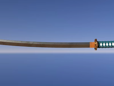 Traditional Japanese Katana Sword with Metal Blade and Green White Handle Against Clear Blue Sky 3d model