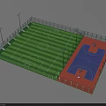 School Sports Facilities Featuring Green Football Field And Blue Basketball Court With Fenced Lighting Poles