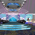 Elegant Banquet Hall With Chandeliers Purple Lighting Stage And Table Chair Setup