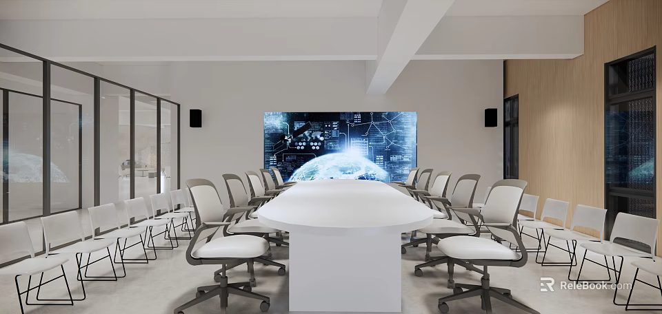 Modern Conference Room With Round Table White Office Chairs And Large Earth Data Screen 3d model 