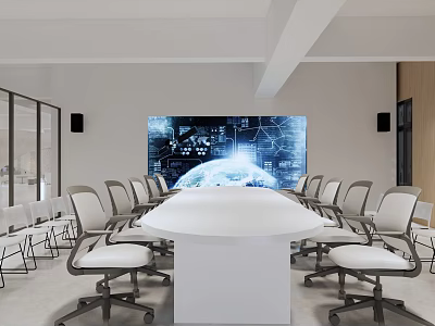 Modern Conference Room With Round Table White Office Chairs And Large Earth Data Screen 3d model