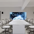 Modern Conference Room With Round Table White Office Chairs And Large Earth Data Screen