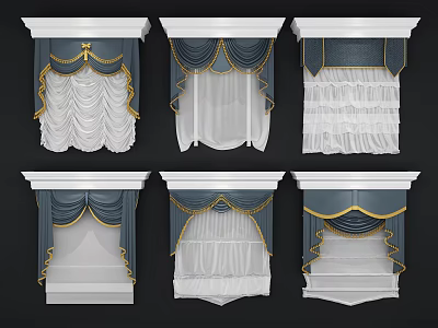 Various Styles Blue And White Curtains With Gold Accents Ruffled Valances Design 3d model