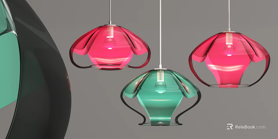 Modern Pink And Green Glass Pendant Lights With Curved Petal Design 3d model 