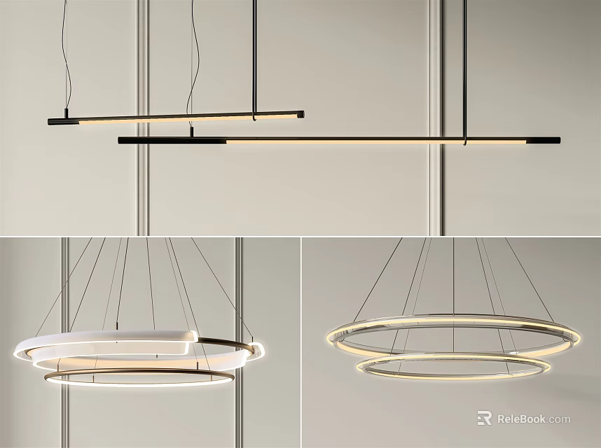 Modern Linear And Circular Pendant Lights With Metal Frame For Interior Design 3d model