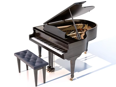 Black Grand Piano Musical Instrument With Padded Bench And Wooden Structure 3d model