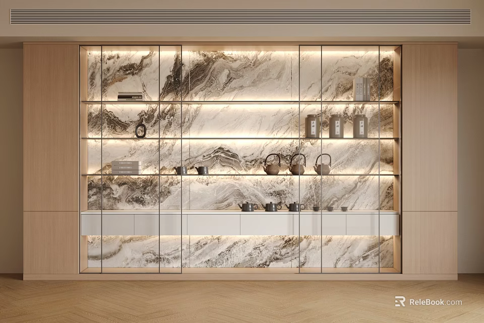 Elegant Modern Display Cabinet With Marble Backdrop Lighted Layered Shelves And Decorative Items 3d model 