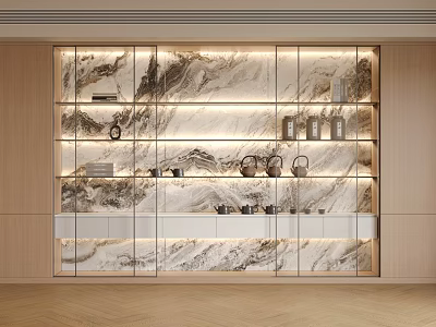 Elegant Modern Display Cabinet With Marble Backdrop Lighted Layered Shelves And Decorative Items 3d model