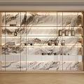 Elegant Modern Display Cabinet With Marble Backdrop Lighted Layered Shelves And Decorative Items