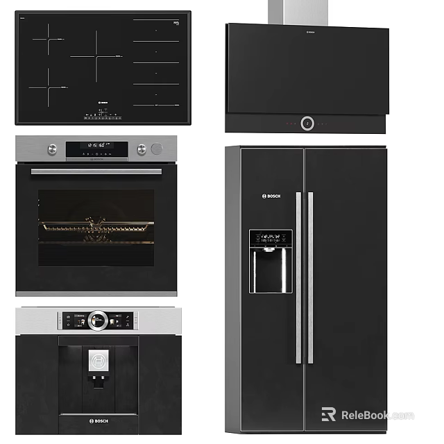Sleek Black And Silver Kitchen Appliances Including Oven Refrigerator And Cooktop 3d model 