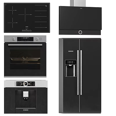 Sleek Black And Silver Kitchen Appliances Including Oven Refrigerator And Cooktop 3d model