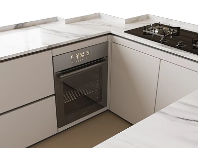 Modern Kitchen Featuring Built In Oven Gas Stove White Cabinets And Marble Countertops 3d model