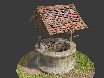 Ancient Well With Weathered Wooden Roof And Red Clay Tiles Surrounded By Grass 3d model