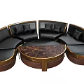 Elegant Black Leather Sectional Sofa with Circular Design Gold Accents and Marble Coffee Table
