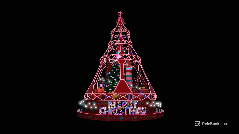 Festive Christmas Decorative Structure With Red Frame Merry Christmas Sign And Gift Boxes 3d model 