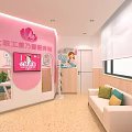 Female Employees Carnation Service Station Interior Featuring Pink Design Sofa And Green Plant