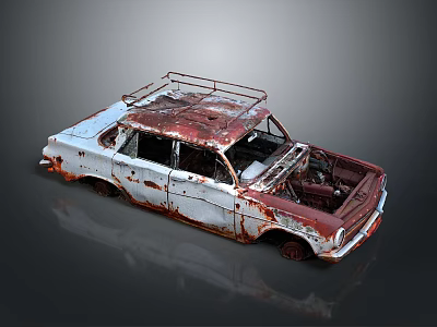 Rusted Vintage Car With White Body And Roof Rack In Classic Design 3d model