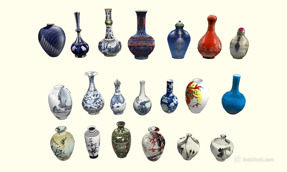 Ceramic Vase Decorative Ornament Set With Various Colors And Different Designs For Home Decor 3d model 