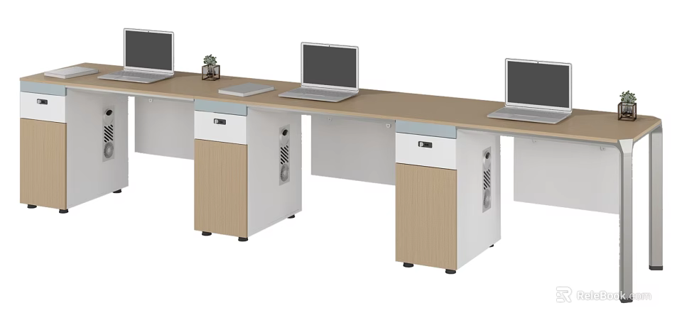 Long Office Desk Workstation With Laptops Potted Plant And Drawer Cabinets 3d model 