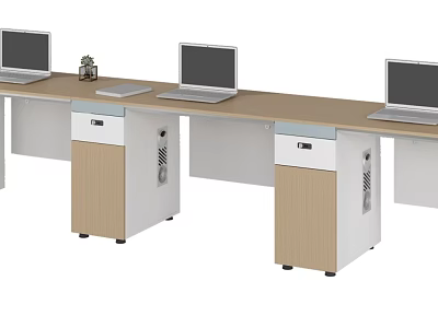 Long Office Desk Workstation With Laptops Potted Plant And Drawer Cabinets 3d model