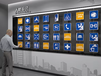 Human New Standards Background Wall With Blue Yellow Icons And City Skyline Silhouette 3d model