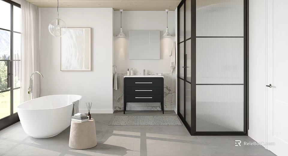 Modern Bathroom Interior With White Bathtub Black Vanity Marble Countertop And Glass Partition 3d model 