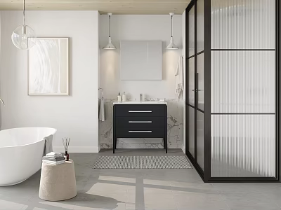 Modern Bathroom Interior With White Bathtub Black Vanity Marble Countertop And Glass Partition 3d model