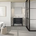 Modern Bathroom Interior With White Bathtub Black Vanity Marble Countertop And Glass Partition