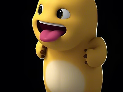 Cute Yellow Cartoon Character With Big Eyes Open Mouth And Sticking Tongue White Belly 3d model